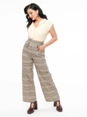 Unique Vintage 1940s Beige Plaid High Waist Sailor Ginger Pants